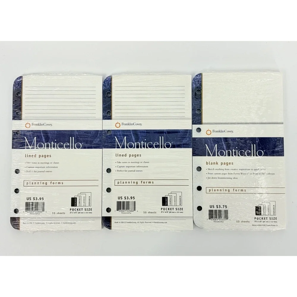 Franklin Covey Monticello Planning Forms Blank and Lined Pages Refills